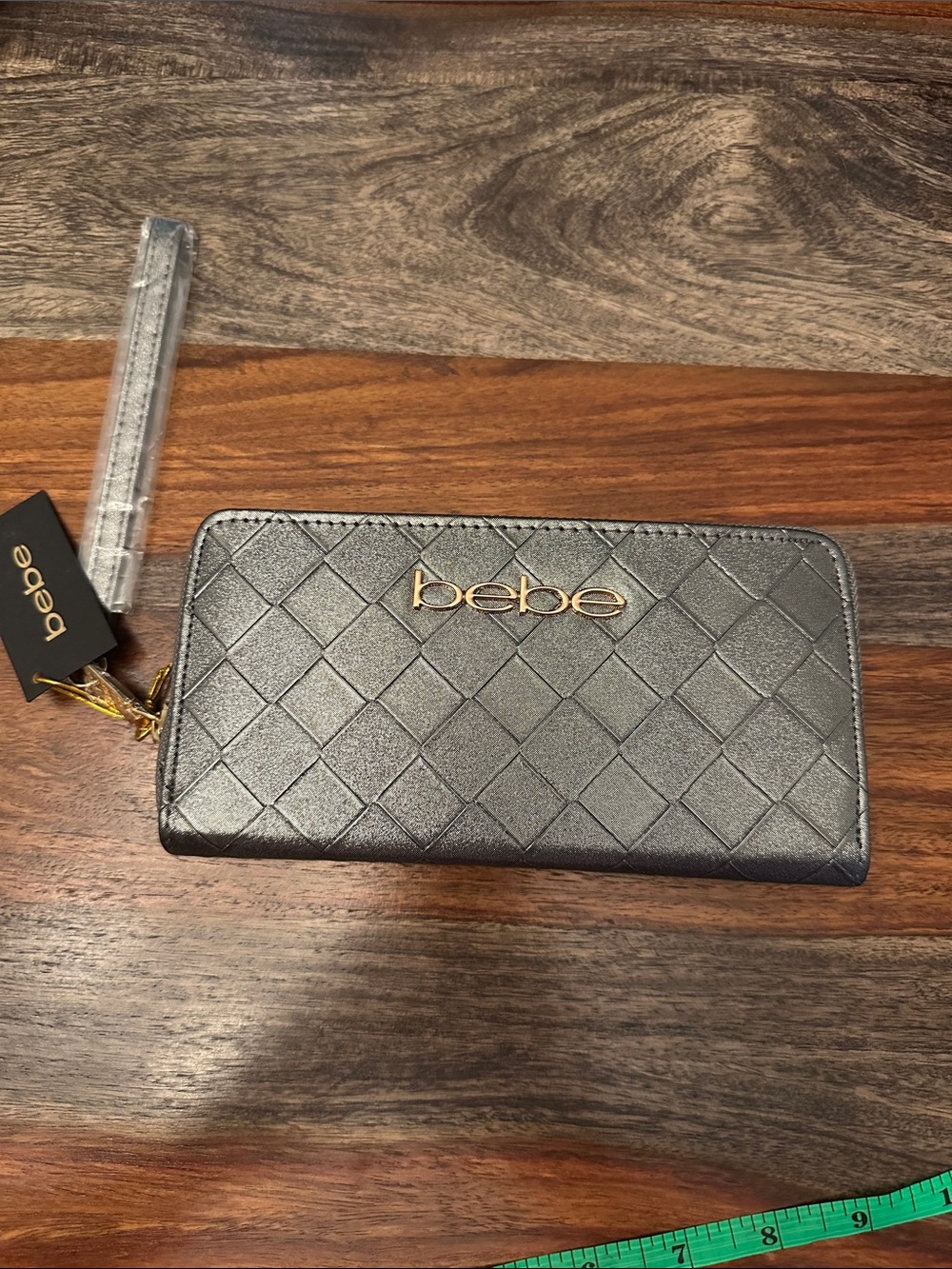 bebe Dark Gray Metallic Quilted Zip Wallet with Gold Logo